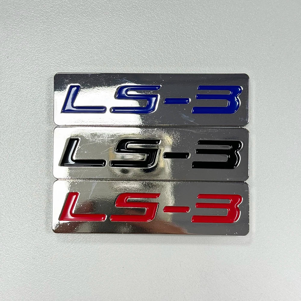 CHROME BLACK/RED/BLUE METAL LS-3 ENGINE RACE MOTOR SWAP EMBLEM BADGE FOR TRUNK HOOD DOOR 3/4" X 3" (76mm X 20mm)