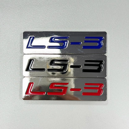 CHROME BLACK/RED/BLUE METAL LS-3 ENGINE RACE MOTOR SWAP EMBLEM BADGE FOR TRUNK HOOD DOOR 3/4" X 3" (76mm X 20mm)