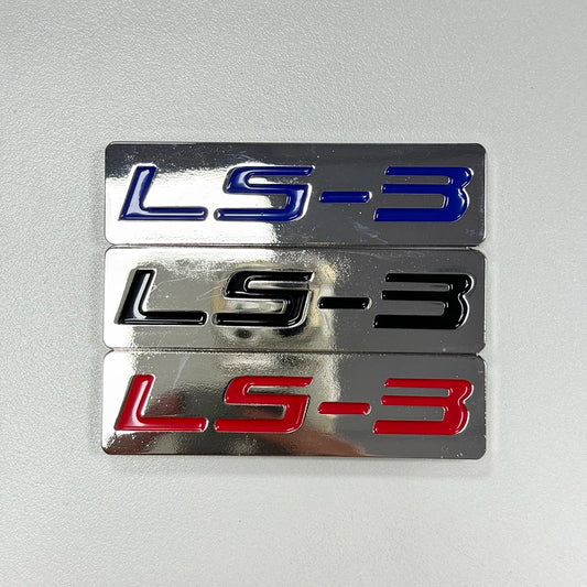 CHROME BLACK/RED/BLUE METAL LS-3 ENGINE RACE MOTOR SWAP EMBLEM BADGE FOR TRUNK HOOD DOOR 3/4" X 3" (76mm X 20mm)
